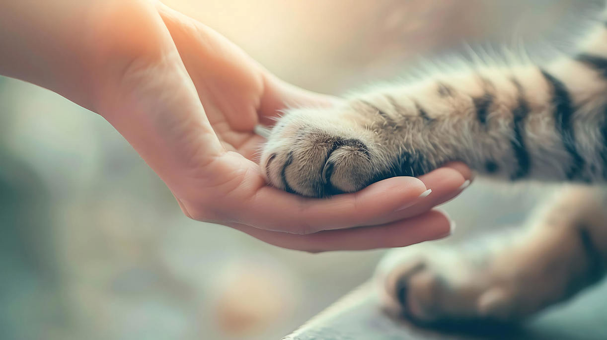 Tierschutz Person Holding Cat With Paw Raised Up