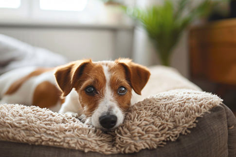 Adoption Dog Laying Couch With Brown White Dog Laying Its Back